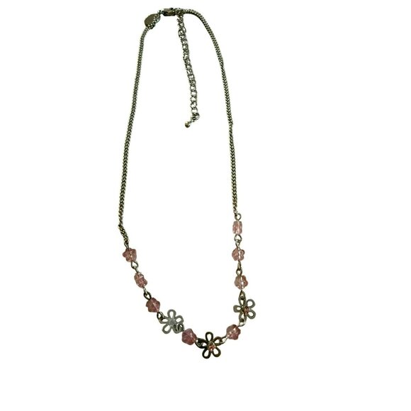 Lia Sophia Silver Tone & Pink Flower Bead Necklace Adjustable Womens Jewelry - Picture 1 of 4